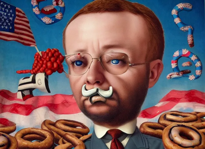 Image similar to american captain made of donuts, lowbrow, matte painting, 3 - d highly detailed, in the style of mark ryden,