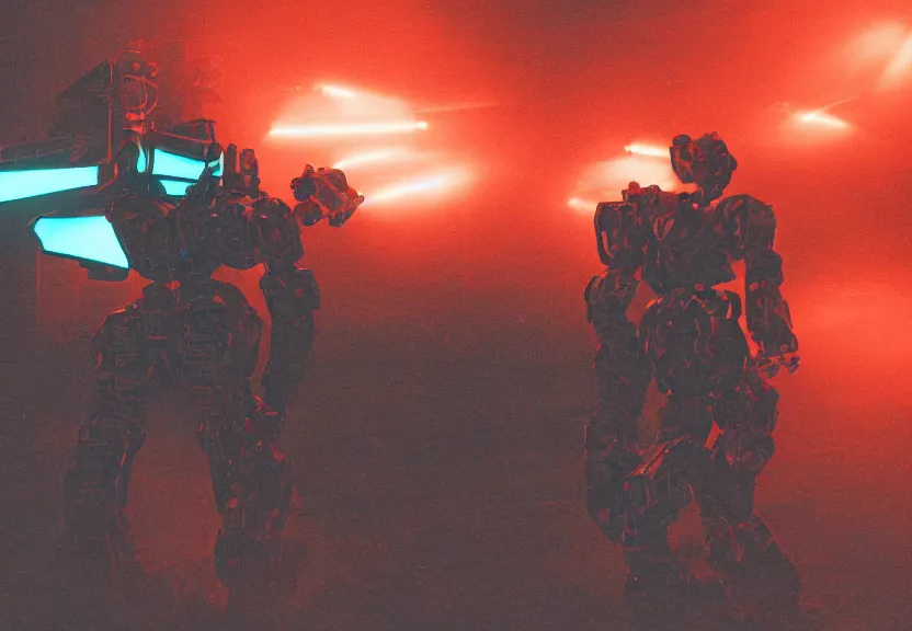 Image similar to a ultra realistic hyper realistic underexposed film photograph of an intricate neon mech warrior