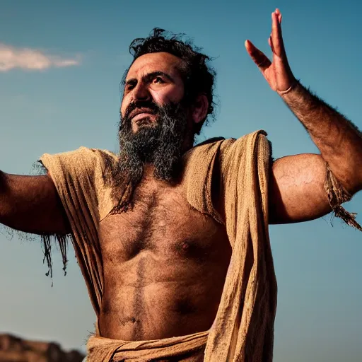 Prompt: beautiful cinematic still portrait of 37 year old Mediterranean skinned man, short hair, in ancient Canaanite clothing dancing in the early sunrise, excited, energy, vibrancy, passion, strong shadows, Biblical epic directed by Peter Jackson