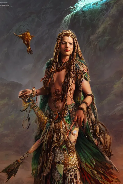 Image similar to portrait, exotic shaman priestess, landscape, alex ross, david finch, concept art, matte painting, highly detailed, rule of thirds, dynamic lighting, cinematic, detailed, denoised, centerd