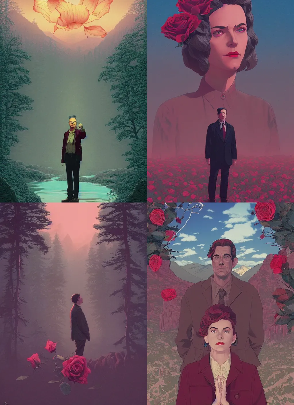 Prompt: Twin Peaks movie poster artwork by Tomer Hanuka and Michael Whelan, Rendering of a rose full of details, by Makoto Shinkai and thomas kinkade, Matte painting, trending on artstation and unreal engine