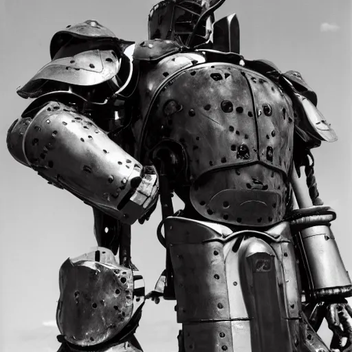 Image similar to photograph of a man in a very oversized mech armor that is 3 0 feet tall and 1 0 feet wide. his head is very small sticking out of the armor. desert setting. high detail.