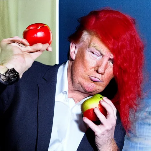 Image similar to secuctive donald trump with red hair eating an apple looking in the camera