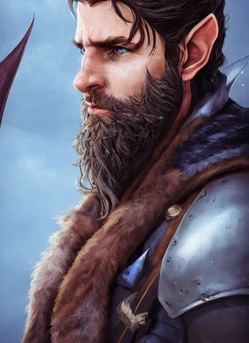 Image similar to An epic fantasy comic book style portrait painting of an arrogant half elf ranger with shaggy brown hair, scruffy beard, scar on face, blue tunic, unreal 5, DAZ, hyperrealistic, octane render, cosplay, RPG portrait, dynamic lighting