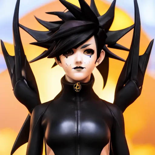 Image similar to tracer from overwatch, wearing goth outfit, black hair, 4 k, detailed face, smirky expression, detailed face, focus on eyes, blur, beautiful lighting, low contrast,