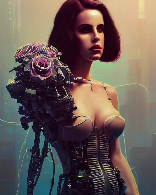 Image similar to portrait of lana del rey as a cyberpunk cyborg. roses, sci - fi, missing panels, intricate abstract upper body intricate artwork, by tooth wu, wlop, beeple, dan mumford. concept art, octane render, deviantart, greg rutkowski, cinematic, key art, hyperrealism, iridescent accents