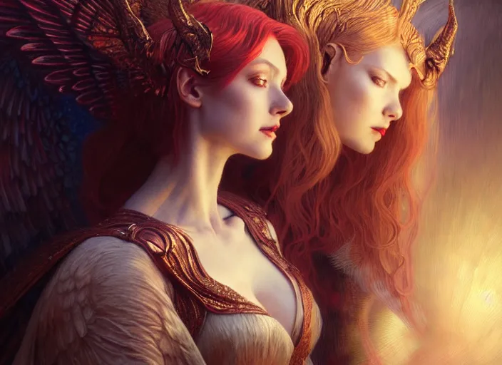 Image similar to portrait of demonic woman and angelic woman, confident pose, pixie, genshin impact, intricate, elegant, sharp focus, soft bokeh, illustration, highly detailed, concept art, 3 d 8 k, trending on artstation, bright colors, art by wlop and artgerm and greg rutkowski, mucha, giger, marvel comics