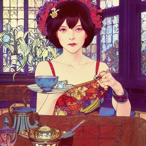 Image similar to Full body portrait of a sorceress sipping tea in her sunlit study, illustration, exquisitely detailed, Ilya Kuvshinov, Hayao Miyazaki, Kazuma Kaneko, Alphonse Mucha