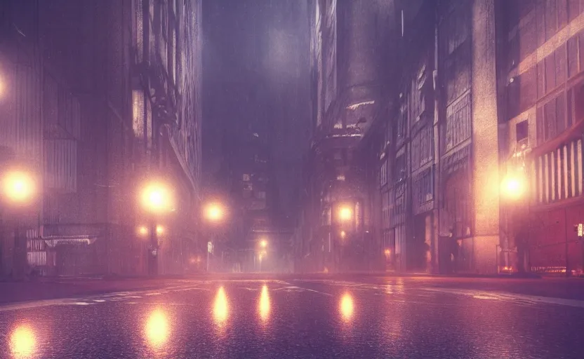 Prompt: street city at night, gloomy and foggy atmosphere, octane render, rembrandt, cgsociety, artstation trending, horror scene, highly detailded