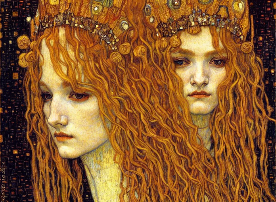 Image similar to detailed realistic beautiful young medieval queen face portrait by jean delville, gustav klimt and vincent van gogh, art nouveau, symbolist, visionary, gothic, pre - raphaelite, muted earthy colors, desaturated