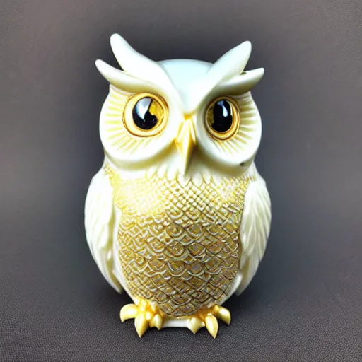 Prompt: gorgeous ornated snow white porcelain realistic detailed sacred owl natsuke with golden filigree carved out of ivory