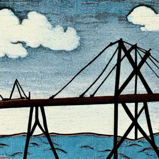 Image similar to small steel suspension bridge built in 1 9 2 8, side view, puffy clouds in background, woodcut style, 8 k