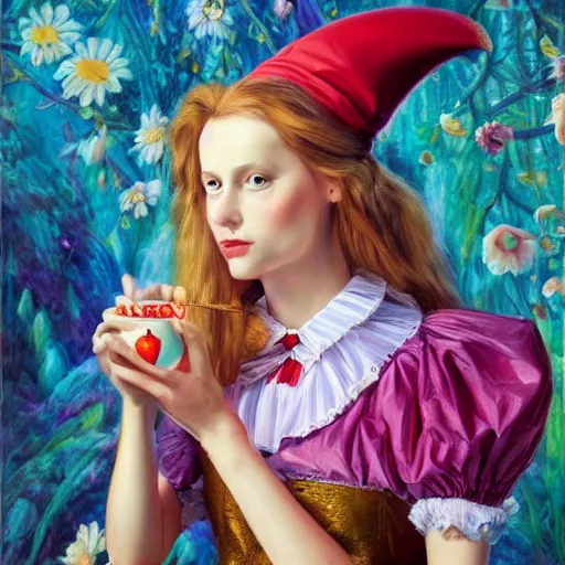 Prompt: A portrait of Alice in wonderland, oil painting, majestic, detailed, high resolution