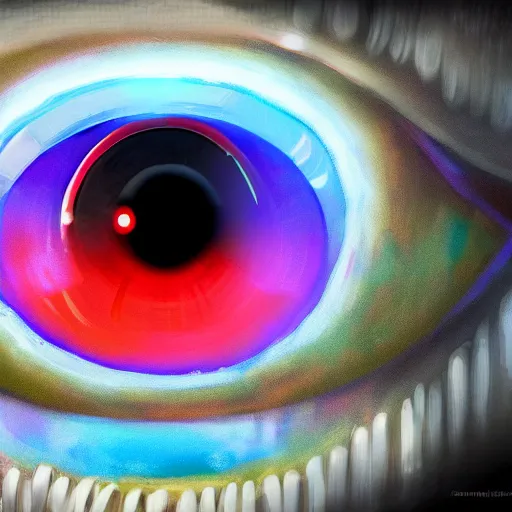 Image similar to Robot Eye, close up, colorful, fantasy, vivid colors, concept art, sharp focus, digital art, Hyper-realistic, 4K, Unreal Engine, Highly Detailed, HD, Dramatic Lighting by Brom, trending on Artstation