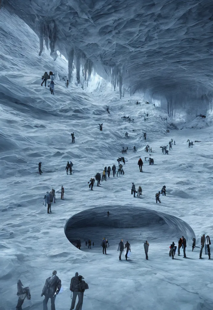 Prompt: Multiple connecting tunnels in antartica bellow thin ice, multiple people moving around the tunnels, facinating and imposing, fantasy digital art, octane render, beautiful composition, trending on artstation, award-winning photograph, masterpiece