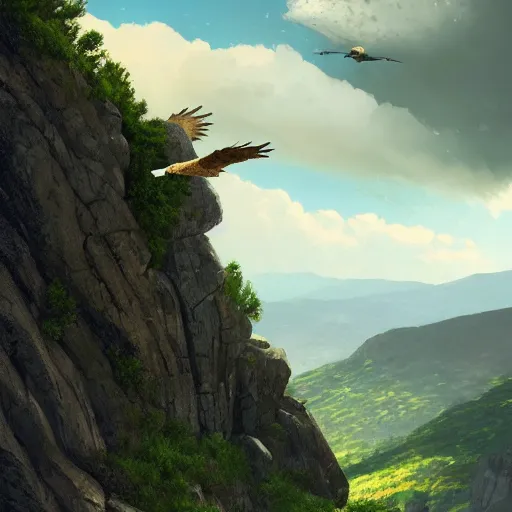 Image similar to golden eagle flying in avila mountains. green. granite. clouds. summer. batscoming out from the entrance. 4 k, concept art, by wlop, ilya kuvshinov, artgerm, krenz cushart, greg rutkowski, pixiv. cinematic dramatic atmosphere, sharp focus, volumetric lighting, cinematic lighting, studio quality