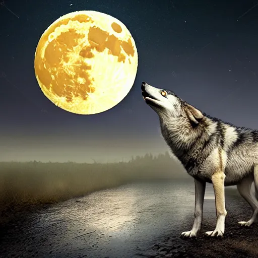 Prompt: photoshop of a wolf with a crocodile tail and head, photorealistic, yellowish moon overlooking misty swamp, crocodile/wolf mix, reptile wolf