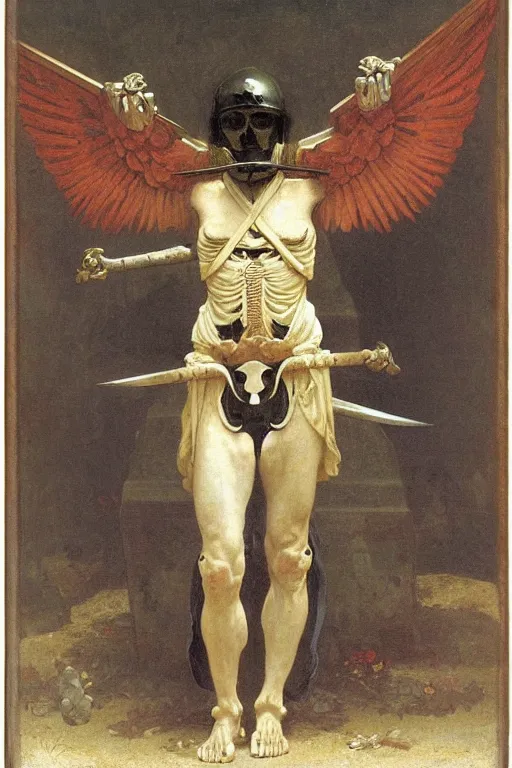 Image similar to portrait of a skeleton warrior with big sword, wearing helmets and armor with wings, symmetrical, solemn, sacred, aura, by bouguereau