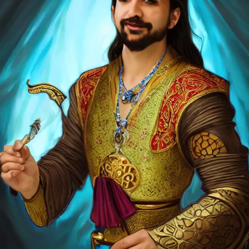 Prompt: photography of charming tailor of middle - eastern descent, dressed in fine colorful robes and jewelry over fantasy armor, goatee, smirking, holding a magic needle, fantasy art by barret frymire by artem priakhin, art by artgerm and greg rutkowski and alphonse mucha, artstation, matte, illustration, intricate, highly - detailed high resolution