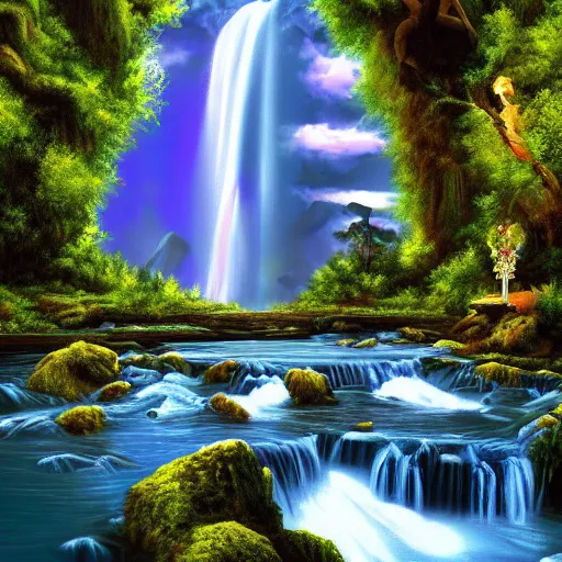 Image similar to a old chatedral and waterfalls, retrowave art, trending on art station