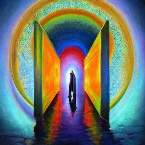 Image similar to stepping through the portal into the alternative multiverse, beautiful painting, gorgeous light