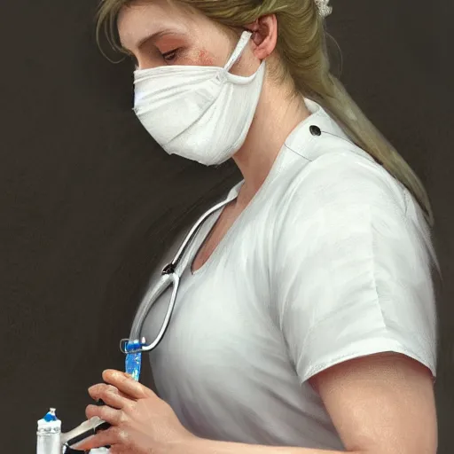 Prompt: epic portrait an female nurse in white dress and short sleeves wearing a mask and holding a syringe, digital painting, artstation, concept art, soft light, hdri, smooth, sharp focus, illustration, fantasy, intricate, elegant, highly detailed, D&D, matte painting, in the style of Greg Rutkowski and Alphonse Mucha and artemisia, 8k, highly detailed, jurgens, rutkowski, bouguereau, pastoral, rustic, georgic, detailed concept art, illustration, colorful pastel, painting, detail, ultra detailed, digital art, 4K,