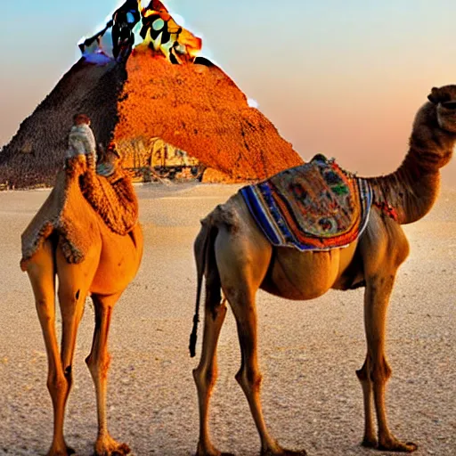 Prompt: photo a camel walking up the great pyramid, award winning, golden hour