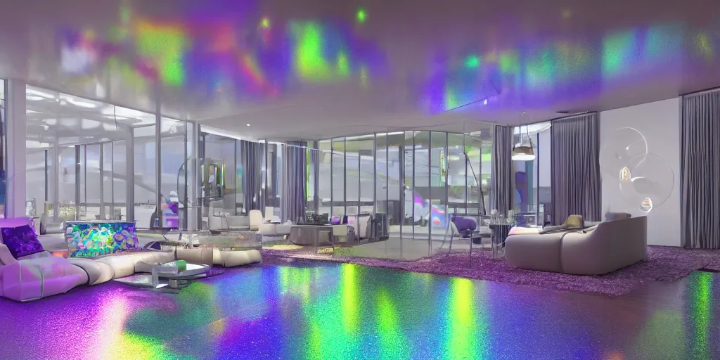 Prompt: photorealistic iridescent glittering living space featuring future tech with stunning indirect iridescent fluorescent lighting and specular highlights and floor of highly reflective rainbow coloured glass tiles