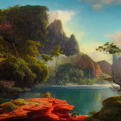 Prompt: detailed painting of a lush natural scene on an alien planet by marinus adrianus koekkoek. beautiful landscape. weird colourful vegetation. cliffs and water.