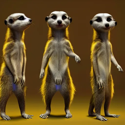 Image similar to neon fluorescent, iridescent cute meerkats with fairy wings cyperpunk 2 0 7 7, unreal engine 5, 8 k ultra realistic, hyperdetailed, volumetric lighting, extremely high quality