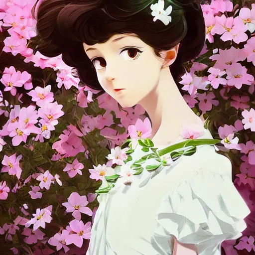 Image similar to little brunette girl with flowers in hair wearing an white dress. art by ilya kuvshinov, profile picture, inspired in hirohiko araki, realistic, highly detailed, 8 0 s anime art style, vogue cover