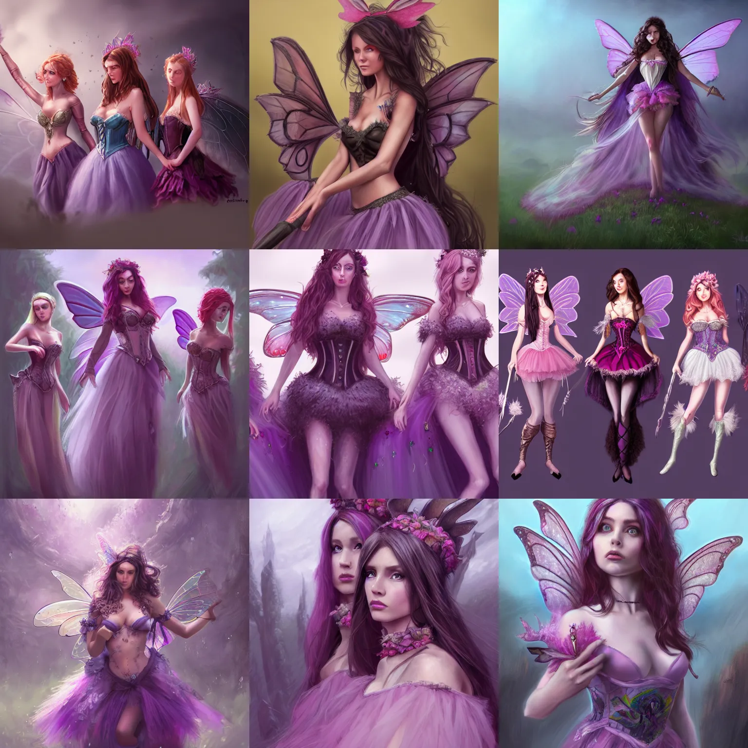 Prompt: wide angle, fantasy, concept art, sharp focus, highly detailed, three brunette fairy women with long hair, illustration, trending on artstation, art by chloe schmid, digital painting, wearing purple corsets and pink tutus