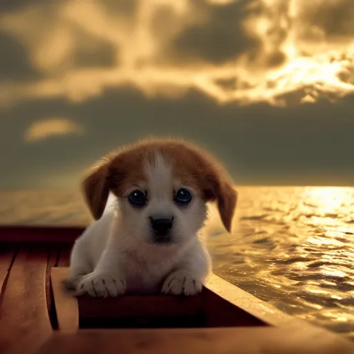 Image similar to a close - up image of a baby dog on a small wooden boat in the sea near a small island at sunrise, ghibli studio, pixar and disney style, concept art, octane render, unreal engine 5, trending on artstation, high quality, highly detailed, colorful, anatomically correct, anime style, beautiful, path traced, cute