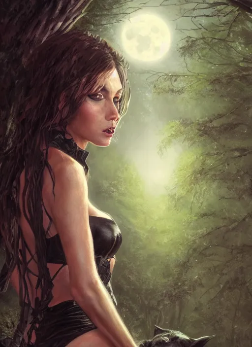 Prompt: close - up portrait of an attractive witch in front of the full big moon in a fantasy forest, black leather bra, by james gurney, max liebermann, greg rutkowski, highly detailed digital art, artstation