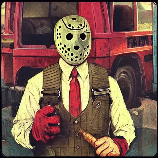 Prompt: “ jason voorhees having a great day out at the fair in the style of norman rockwell ”