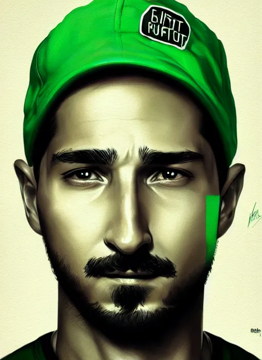 Prompt: highly detailed closeup portrait motivational poster of shia lebouf with large bold letter motivational words by greg rutkowski, by artgerm, gradient green, black and white color scheme