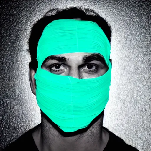 Prompt: a mugshot portrait of a head completely wrapped in duct tape against a dark cyan backdrop.