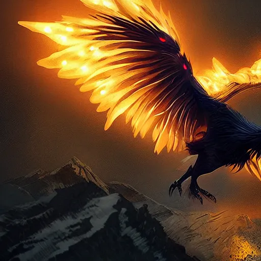 Image similar to detailed digital art, realistic, raven demon flying through the dark night with a mysterious northern blaze, by naomi chen, cgsociety