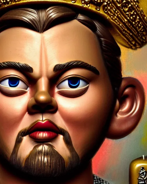 Image similar to highly detailed closeup, face profile portrait of a tin toy leonardo dicaprio as a medieval demon eating cakes in a castle, hyper realistic, artstation, illustration, nicoletta ceccoli, mark ryden, lostfish, dan decarlo, bob clampett, max fleischer, digital paint, matte paint, vivid colors, detailed and intricate environment