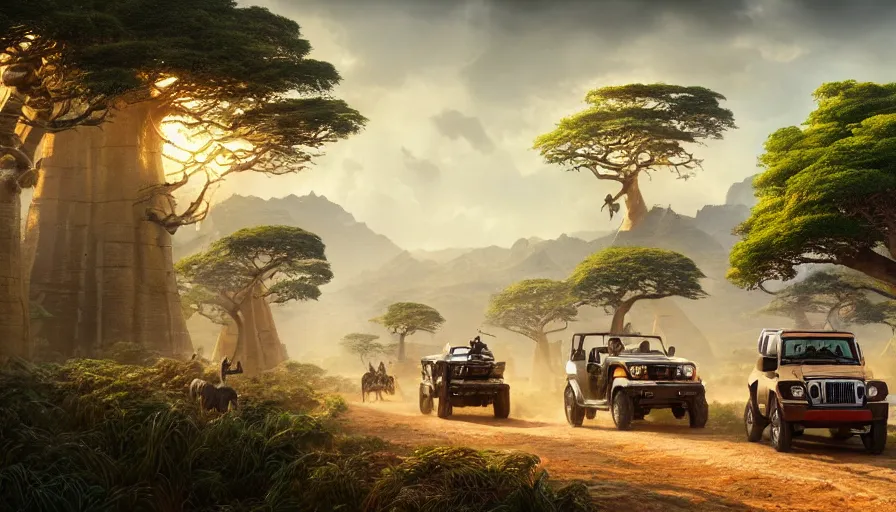 Image similar to mahindra thar driving through madagascar road with baobabs trees, animals running along, artgerm and greg rutkowski and alphonse mucha, an epic fantasy, volumetric light, detailed, establishing shot, an epic fantasy, trending on art station, octane render, midsommar