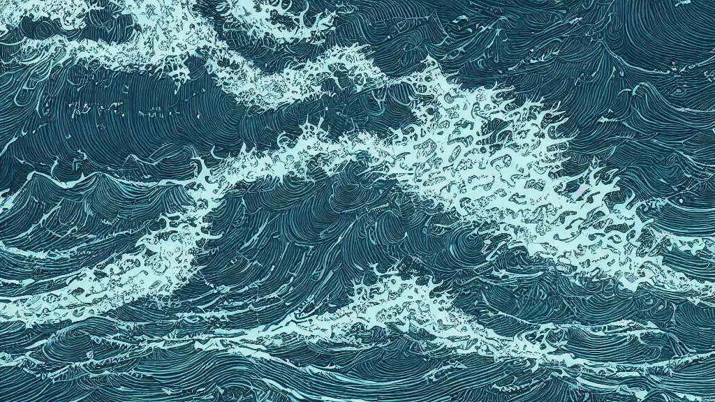 Image similar to highly detailed illustration of high exposure ocean waves at night by moebius, nico delort, oliver vernon, kilian eng, joseph moncada, damon soule, manabu ikeda, kyle hotz, dan mumford, otomo, 4 k resolution