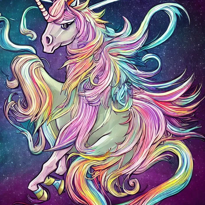 Prompt: a beautiful elegant unicorn running on a rainbow, concept art, intricate details, fierce, powers, comic