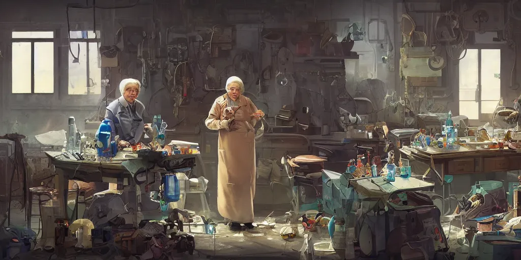 Prompt: an environmental concept art of an elderly russian woman cyberneticist in a cluttered mechanics workshop, surgical implements, surgery table, highly detailed, cinematic, dramatic, cyberpunk