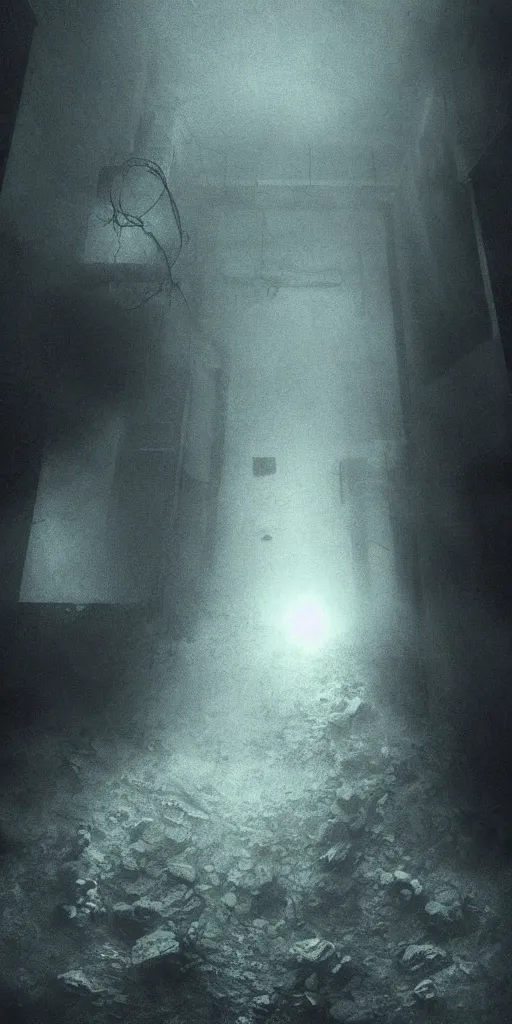 Image similar to underwater abyss, rectangle,'silent hill ', deeps, monster, cinematic, realistic, eerie, dramatic, horror