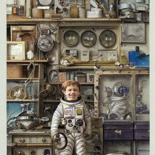 Image similar to boy in a retro space suit in a cluttered inventors shop . muted colors. by Jean-Baptiste Monge !!!!!!!!!!!!!!!!!!!!!!!!!!!