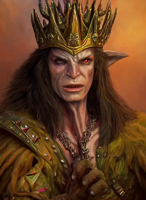 Prompt: goblin king wearing crown, ultra detailed fantasy, dndbeyond, bright, colourful, realistic, dnd character portrait, full body, pathfinder, pinterest, art by ralph horsley, dnd, rpg, lotr game design fanart by concept art, behance hd, artstation, deviantart, hdr render in unreal engine 5