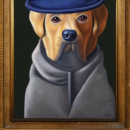 Image similar to a rene magritte painting of a dog wearing a hat, award winning painting, detailed, surreal, symmetrical, clean, smooth, aesthetic