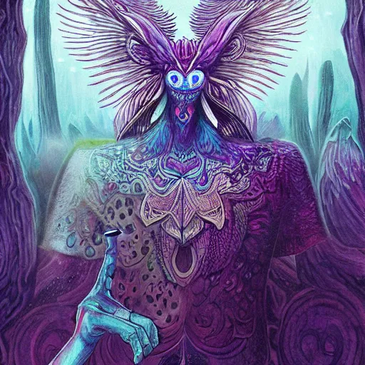 Image similar to A centered chest up portrait of a psychedelic godlike mothman with giant mandala wings smoking a hand-rolled cigarette smoking heavily , magic mushroom village in background , award winning. superb resolution. in the art style of junji Ito and greg rutkowski . Detailed Mushroom city in background. Hyper realistic anime. Perfect art. Dalle2