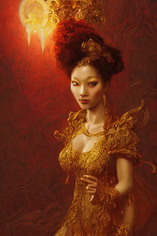 Image similar to tarot card artstation, portrait of a nigerian love dancer, sunrise, baroque ornamnet and rococo ornament, ancient chinese ornate, hyperdetailed, beautiful lighting, craig mullins, mucha, klimt, yoshitaka amano, red and gold and orange color palatte