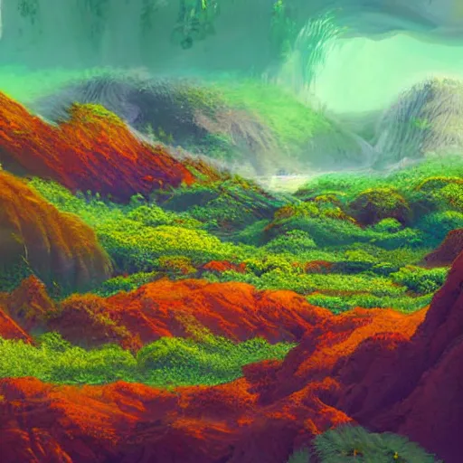 Image similar to digital painting of a lush natural scene on an alien planet by sachiko butou. ultra sharp high quality digital render. detailed. beautiful landscape. colourful weird vegetation. cliffs and water.